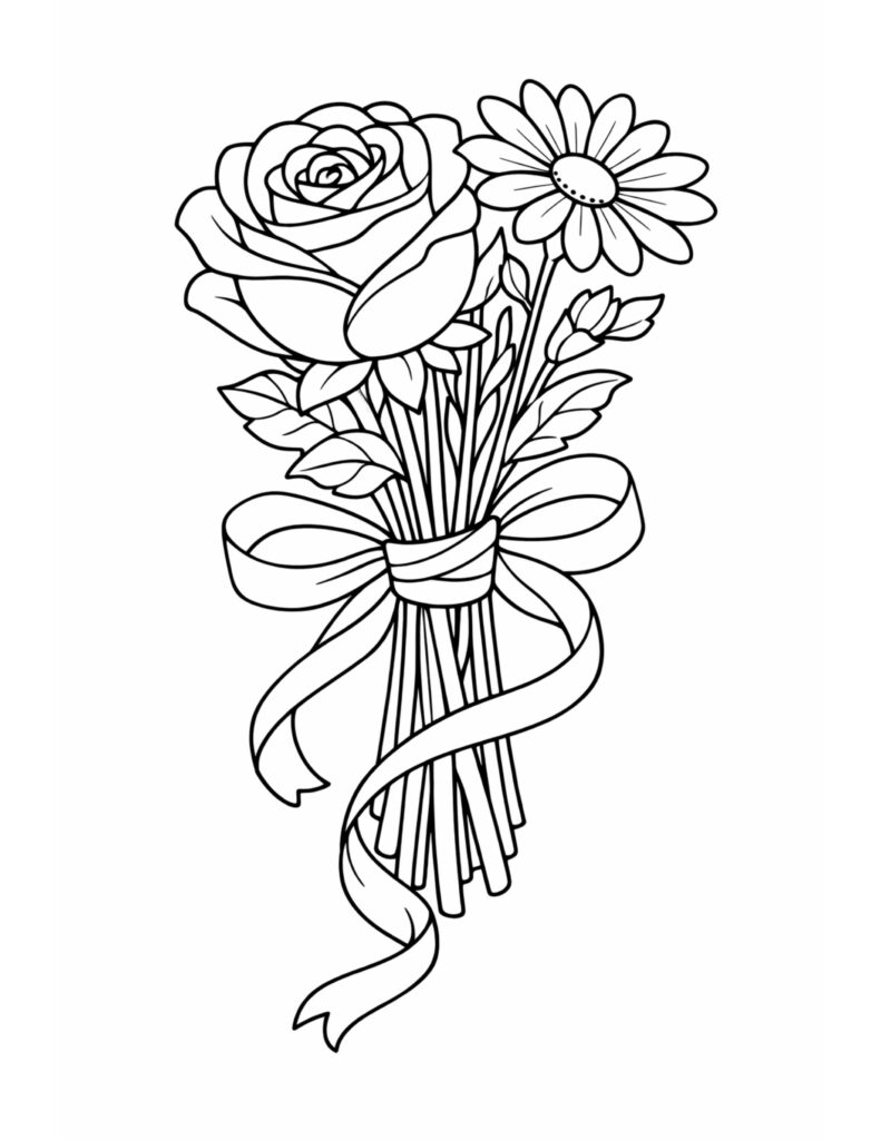 rose and daisy bouquet tied coloring page showing flowers wrapped with a ribbon and stems