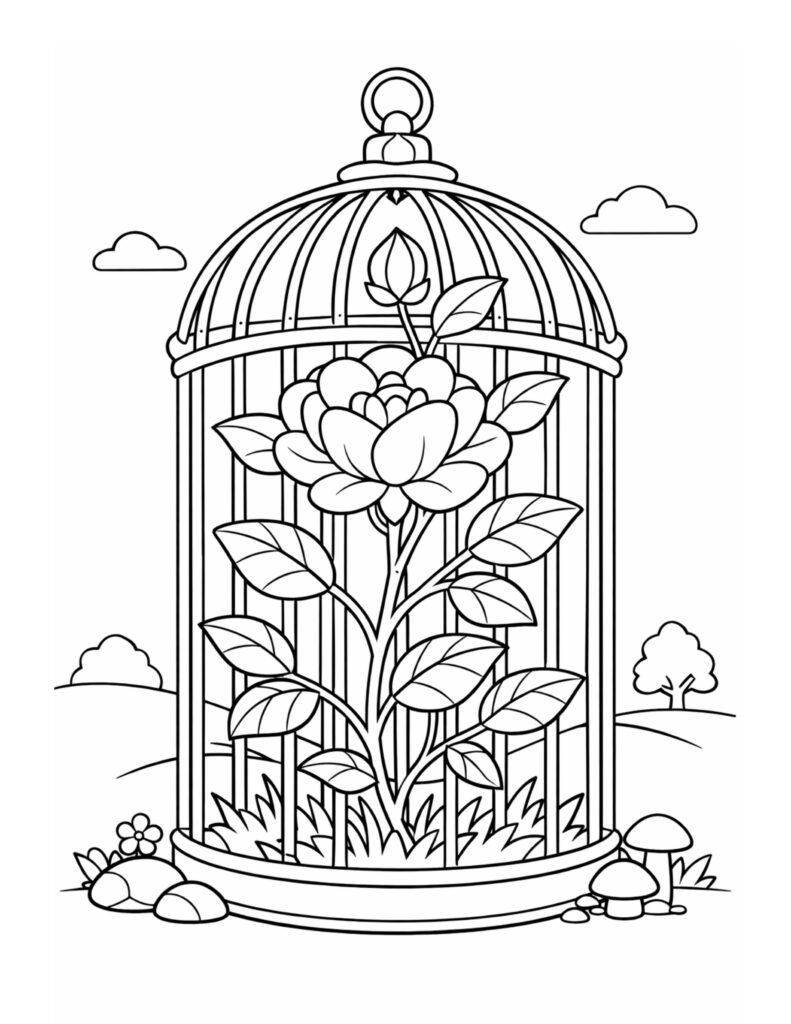 rose inside birdcage garden coloring page featuring a domed cage, leafy rose, clouds, and mushrooms coloring page