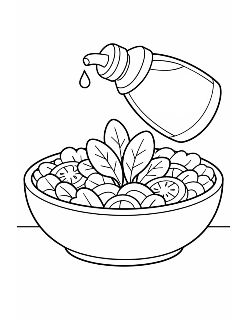 salad bowl with dressing drizzle coloring page featuring a bowl of fresh greens and a squeeze bottle coloring page