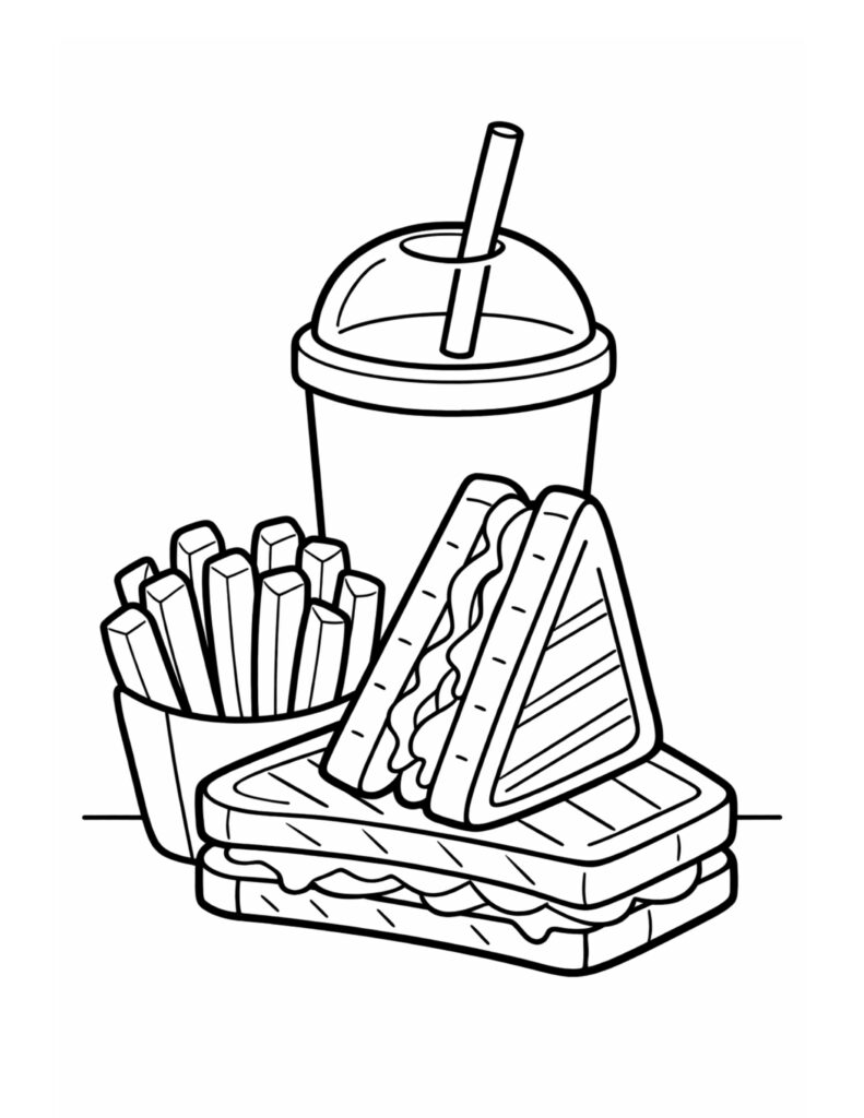 sandwich fries and drink coloring page showing a stacked sandwich, french fries, and a cup with straw coloring page