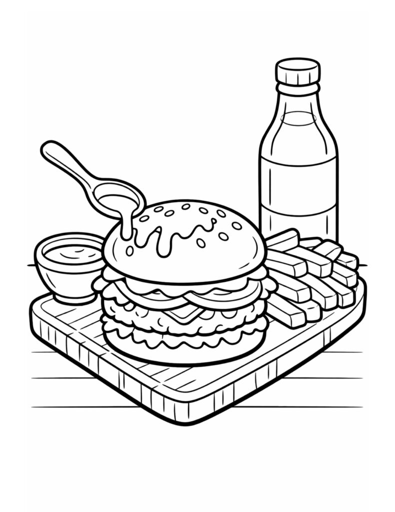saucy burger with fries coloring page with a dripping sauce spoon, fries, dip cup, and bottle on a board coloring page