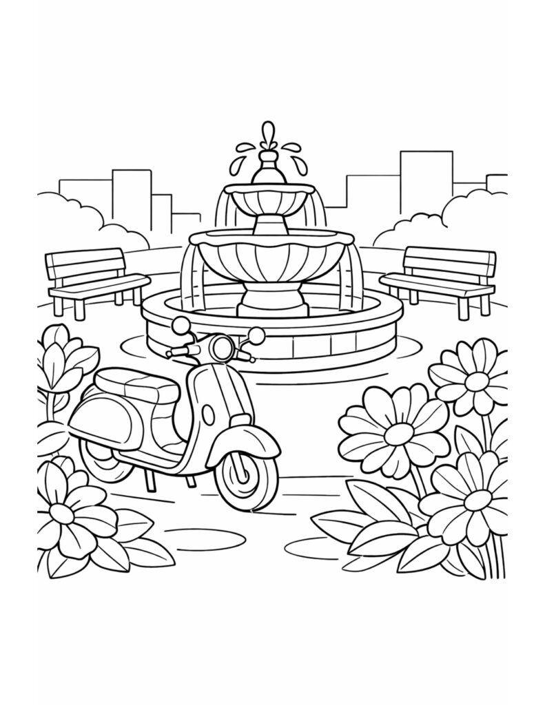 scooter near park fountain coloring page with a scooter parked by a city fountain and flowers coloring page