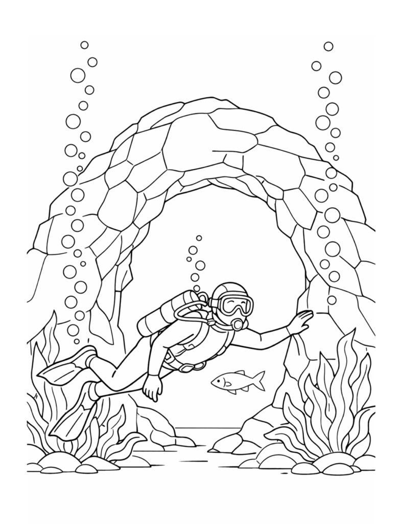 scuba diver exploring sea cave coloring page with bubbles, a small fish, and sea plants coloring page