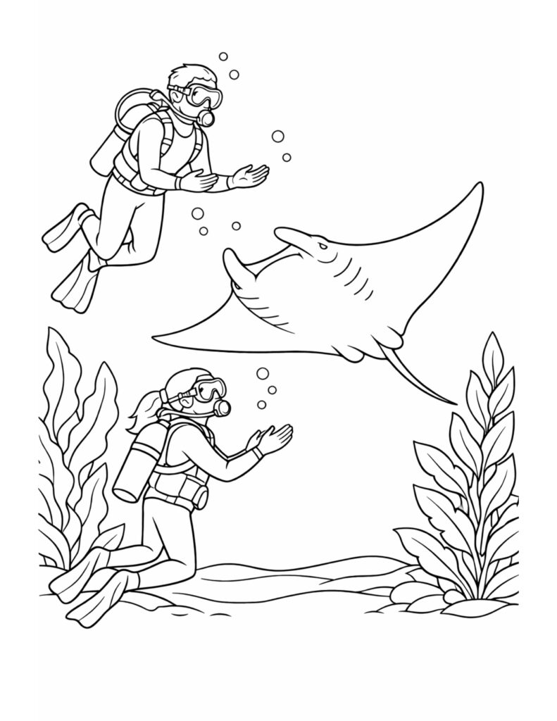 scuba divers with manta ray coloring page showing two divers reaching toward a manta ray underwater coloring page