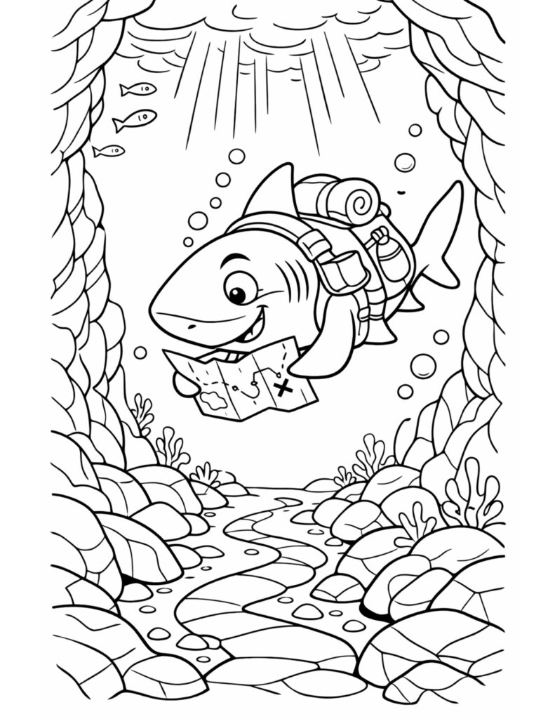 scuba shark reading a map coloring page in an underwater cave with bubbles, rocks, and light rays