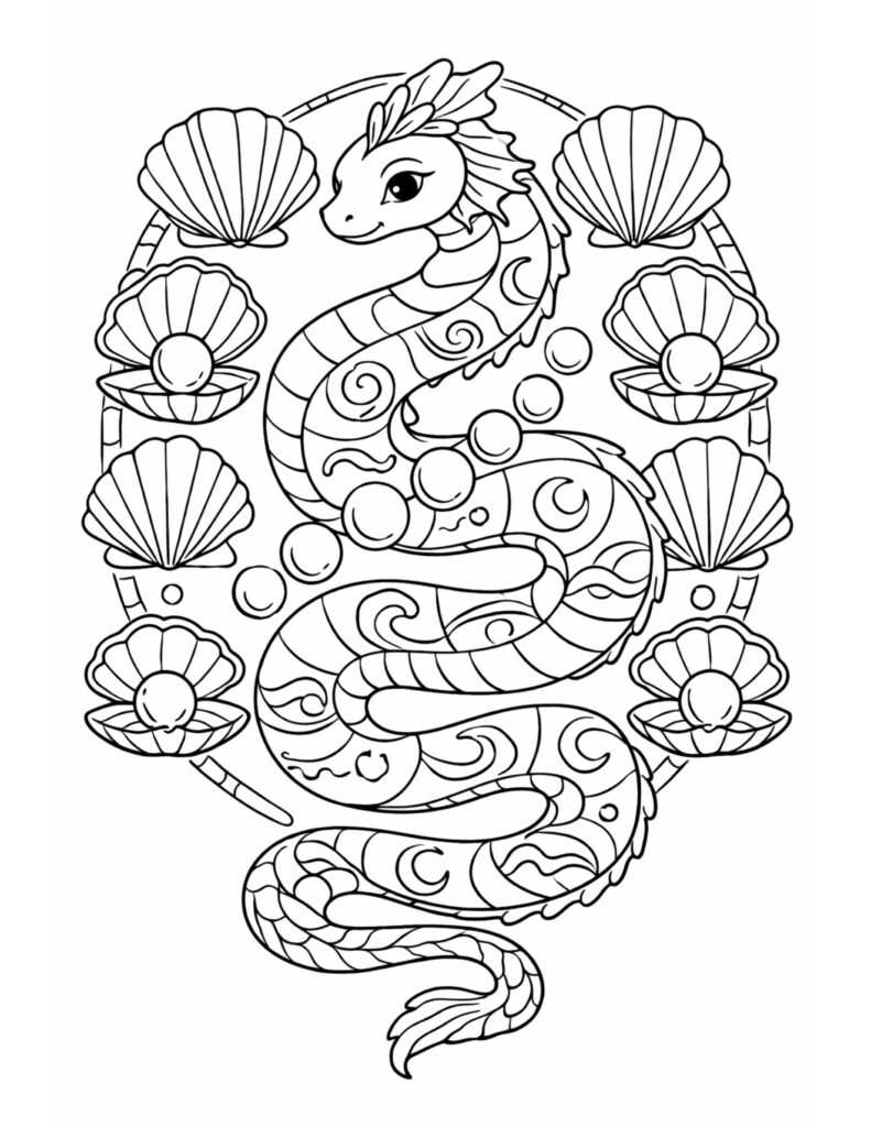 sea dragon with pearl shells coloring page featuring a curled sea dragon, bubbles, and pearl seashells coloring page
