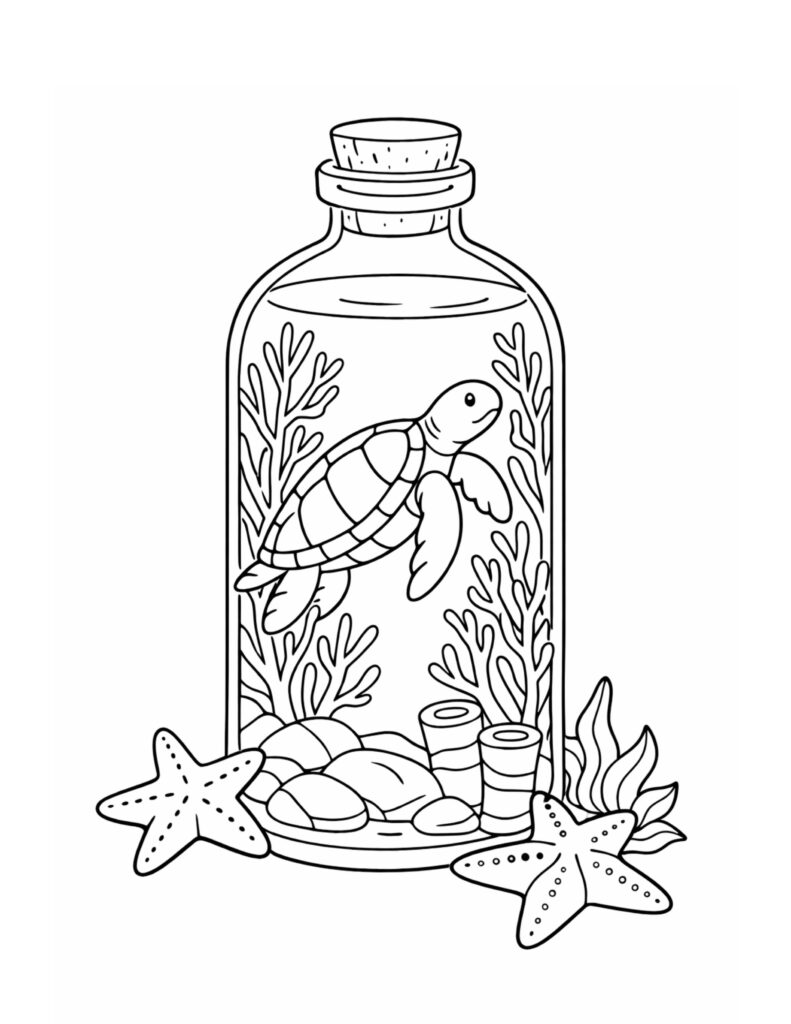 sea turtle in a bottle coloring page with a corked jar, seaweed, rocks, and starfish coloring page
