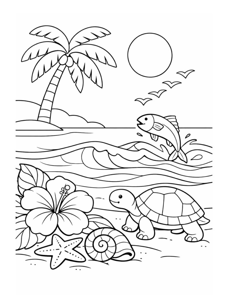sea turtle walking beach coloring page with a turtle on sand, ocean waves, fish and palm tree coloring page