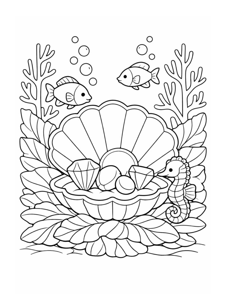 seahorse beside pearl clam coloring page with an open shell, pearls, gems, fish, bubbles, and sea plants coloring page