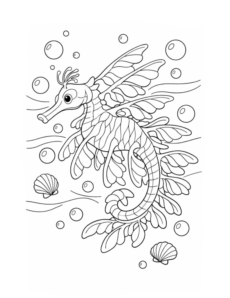 seahorse swimming with bubbles coloring page with leafy fins, floating bubbles, and seashells coloring page