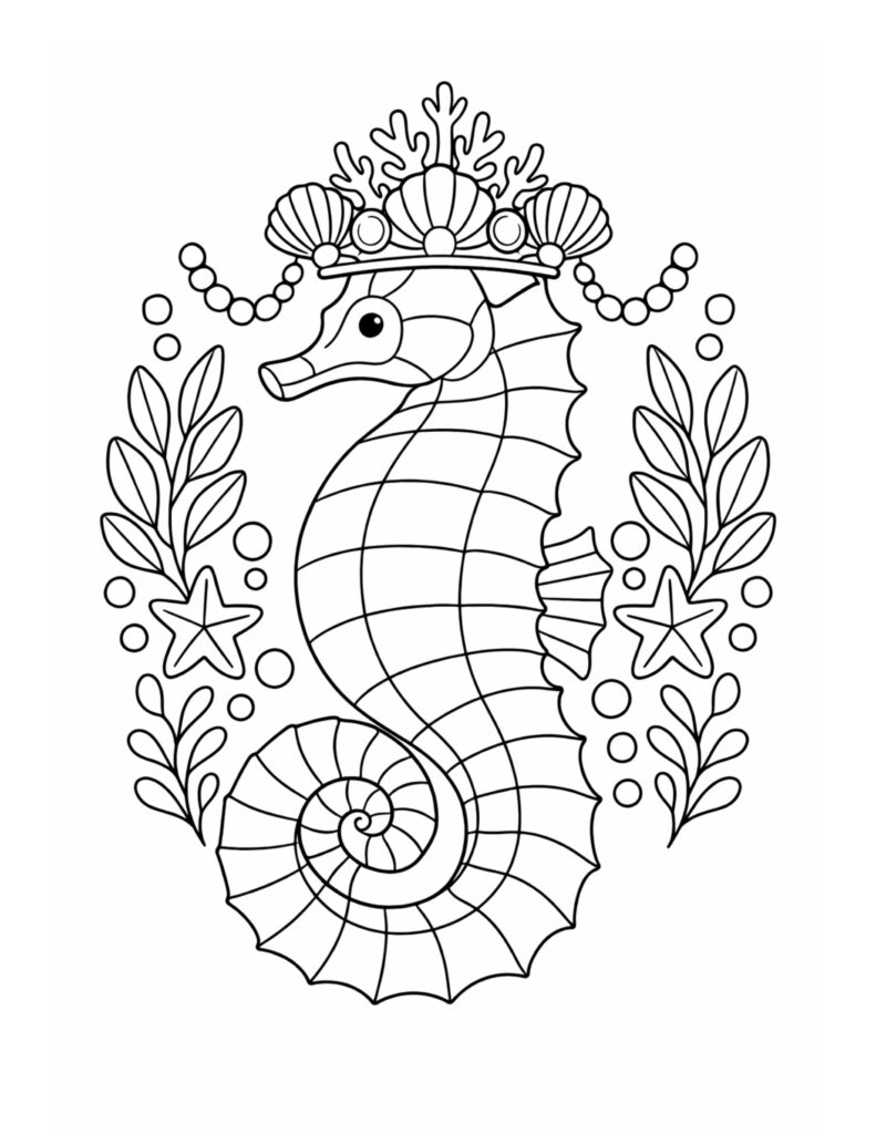 seahorse wearing seashell crown coloring page with pearls, starfish, and sea plants coloring page