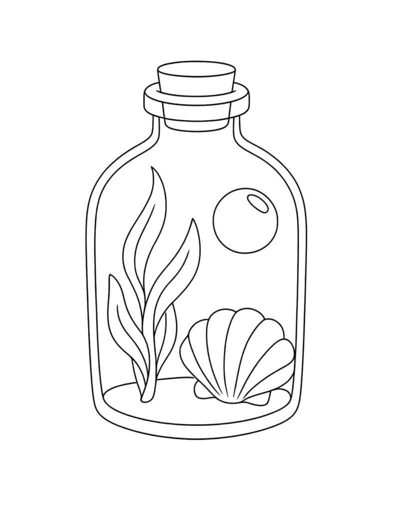 seashell and seaweed in bottle coloring page showing a corked jar with a bubble
