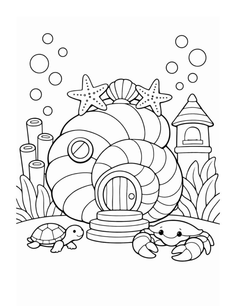 seashell house with crab coloring page showing a shell home, bubbles, starfish, turtle, and coral coloring page