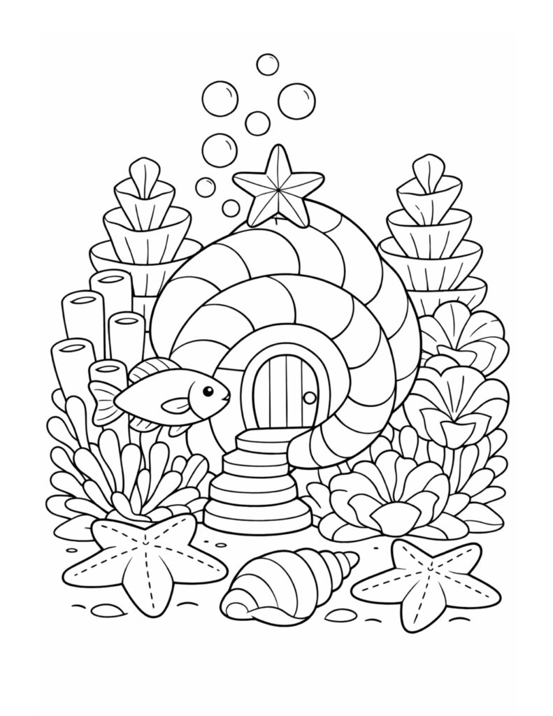 seashell house with fish coloring page showing a shell home, bubbles, coral plants, and starfish coloring page