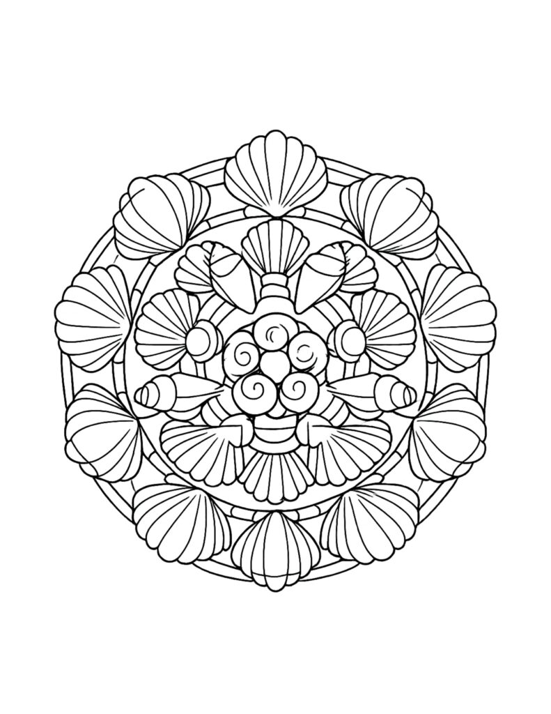 seashell mandala circle pattern coloring page with layered shells, rings, and a spiral center coloring page