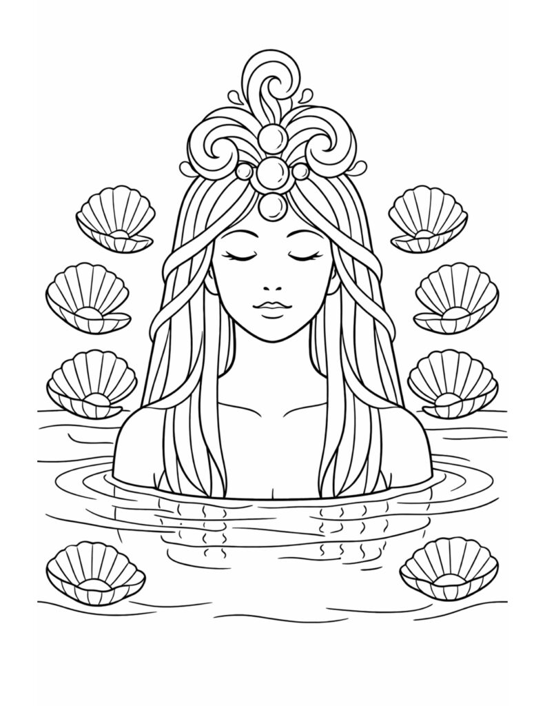 serene sea goddess with seashells coloring page showing a calm woman in water with shells and a jeweled headpiece coloring page