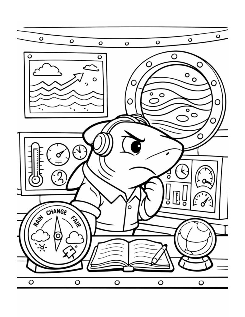 shark analyzing weather instruments coloring page in a control room with gauges, a notebook, and a globe coloring page