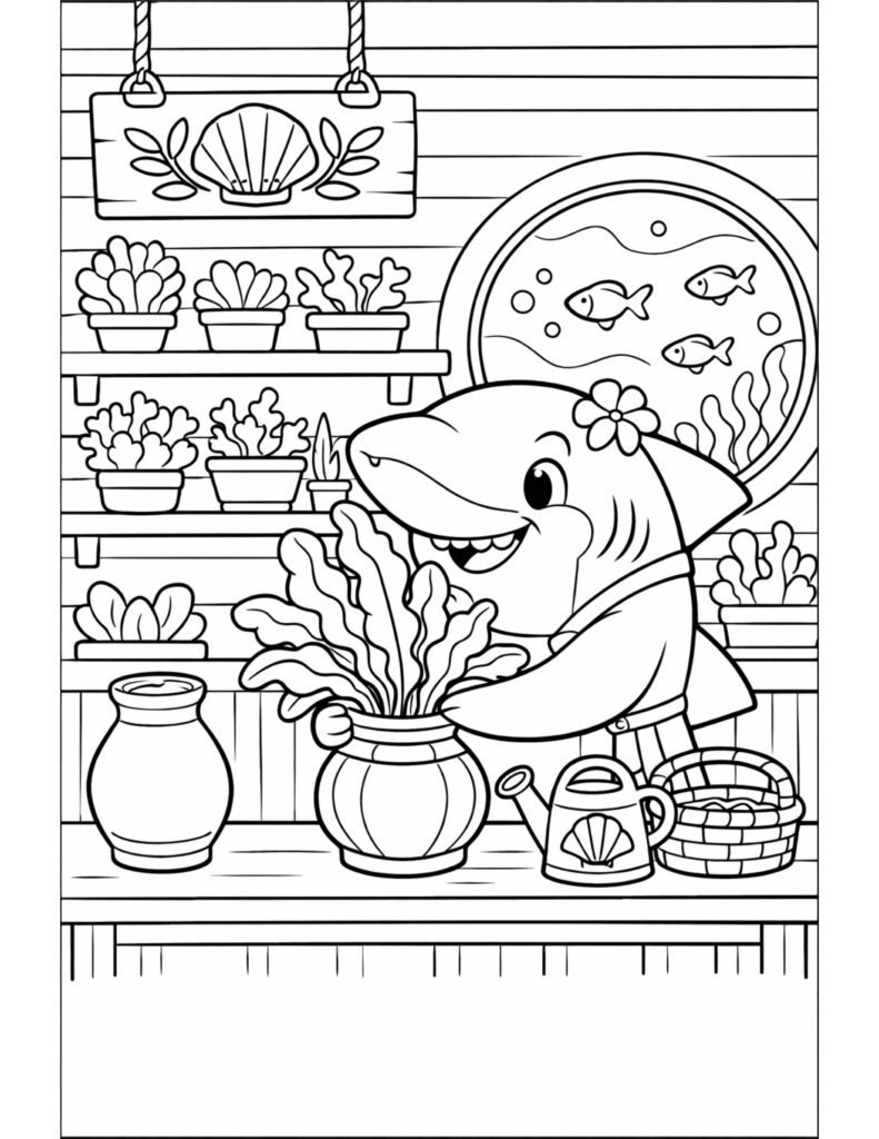 shark arranging potted plants coloring page, smiling shark with a flower and shelves of pots