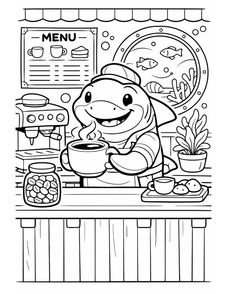 shark barista serving coffee coloring page with a menu board, espresso machine, and porthole window scene coloring page