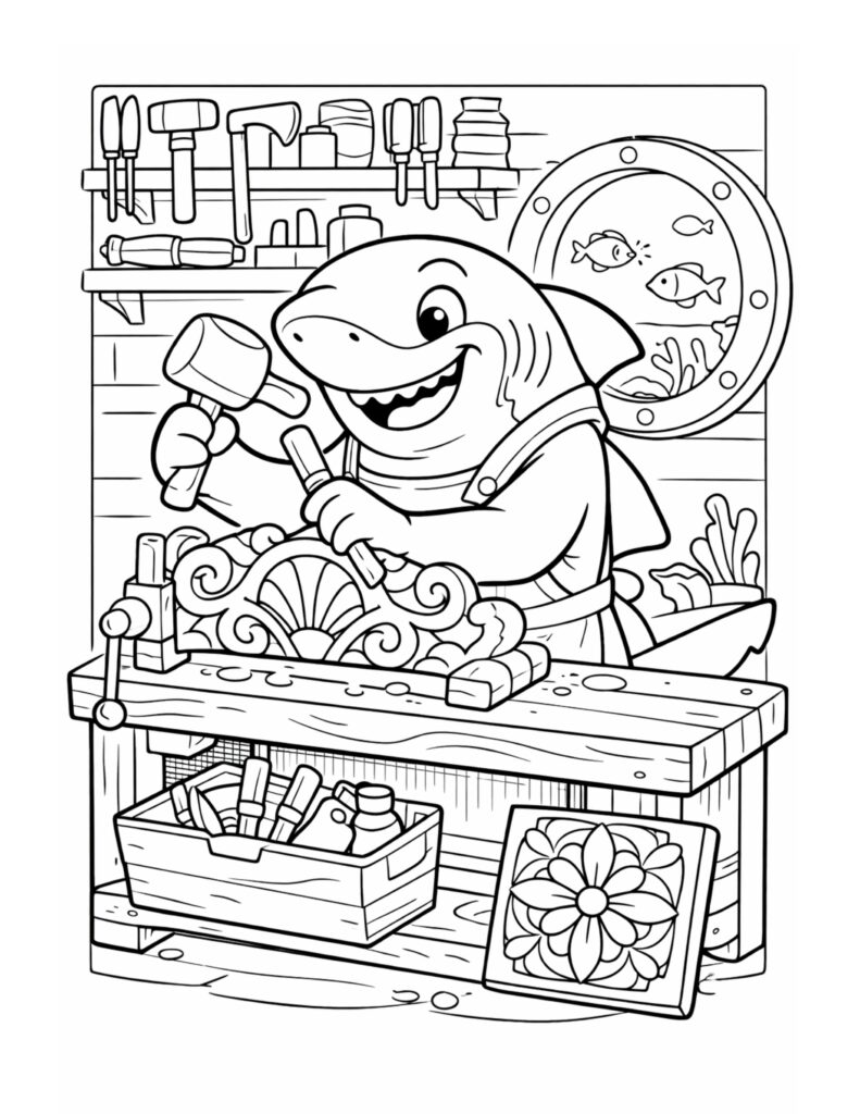 shark carving wood at workbench coloring page in a cozy workshop with tools and a porthole window