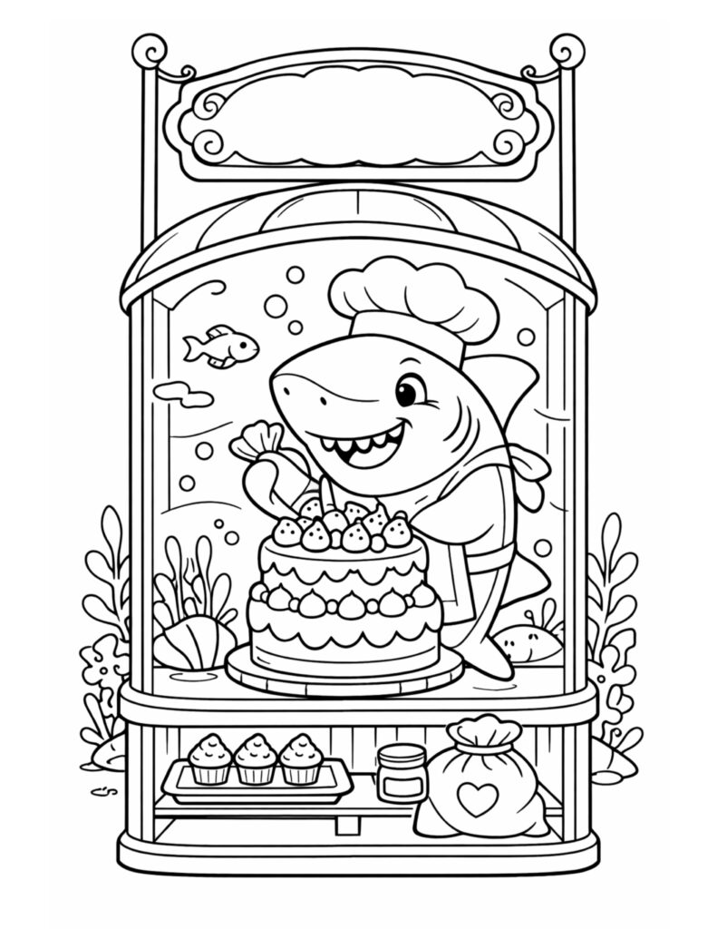 shark chef decorating a cake coloring page with a smiling shark in a chef hat adding toppings underwater