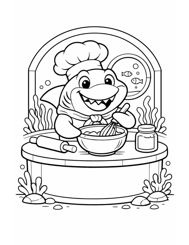 shark chef mixing batter coloring page featuring a smiling chef shark whisking in a bowl underwater coloring page