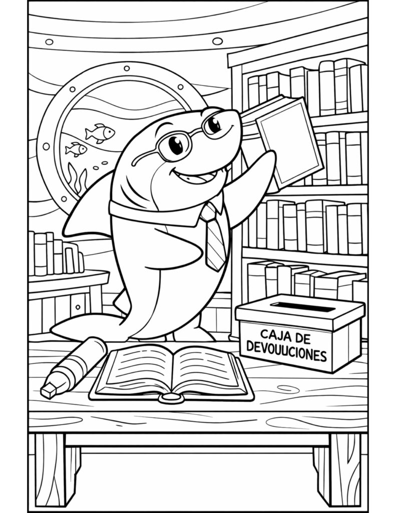 shark choosing a library book coloring page with glasses, tie, shelves, and a return box coloring page