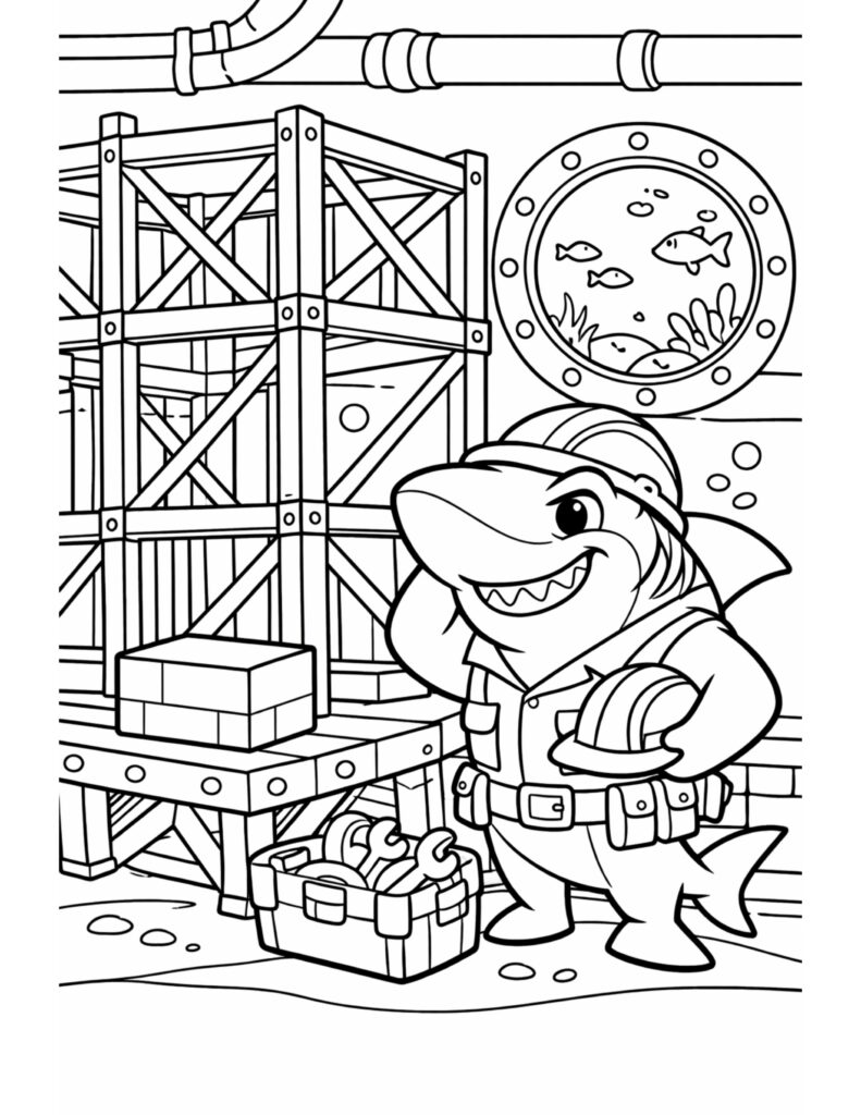shark construction worker with hardhat coloring page featuring a smiling shark in a work area coloring page