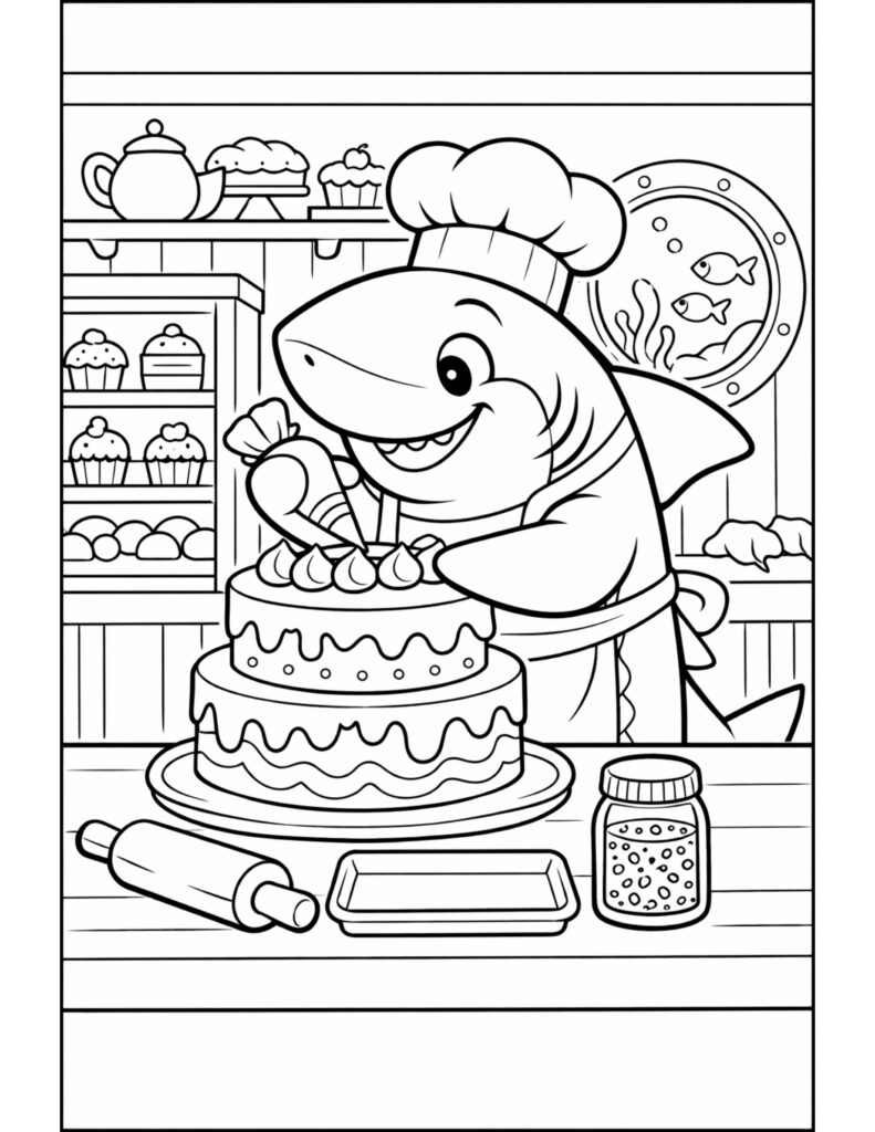 shark decorating a tiered cake coloring page with a chef hat piping frosting in a bakery coloring page