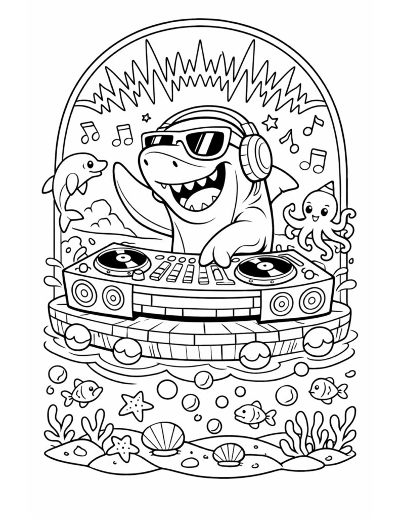 shark dj at a turntable coloring page with headphones, sunglasses, and musical notes in an underwater scene