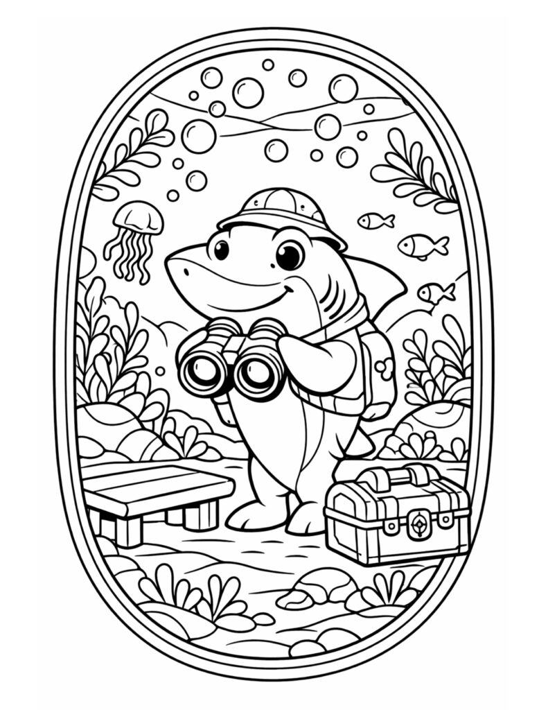 shark explorer with binoculars coloring page with a cute shark wearing a hat and backpack underwater coloring page