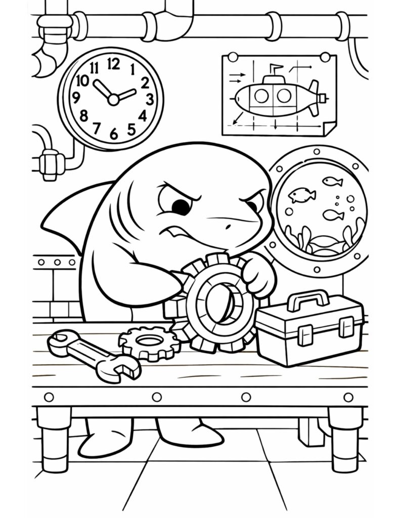 shark fixing a gear coloring page showing a focused shark mechanic working at a tool bench coloring page