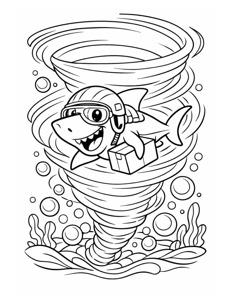 shark flying through a whirlpool coloring page with a smiling shark wearing goggles inside a spinning vortex coloring page