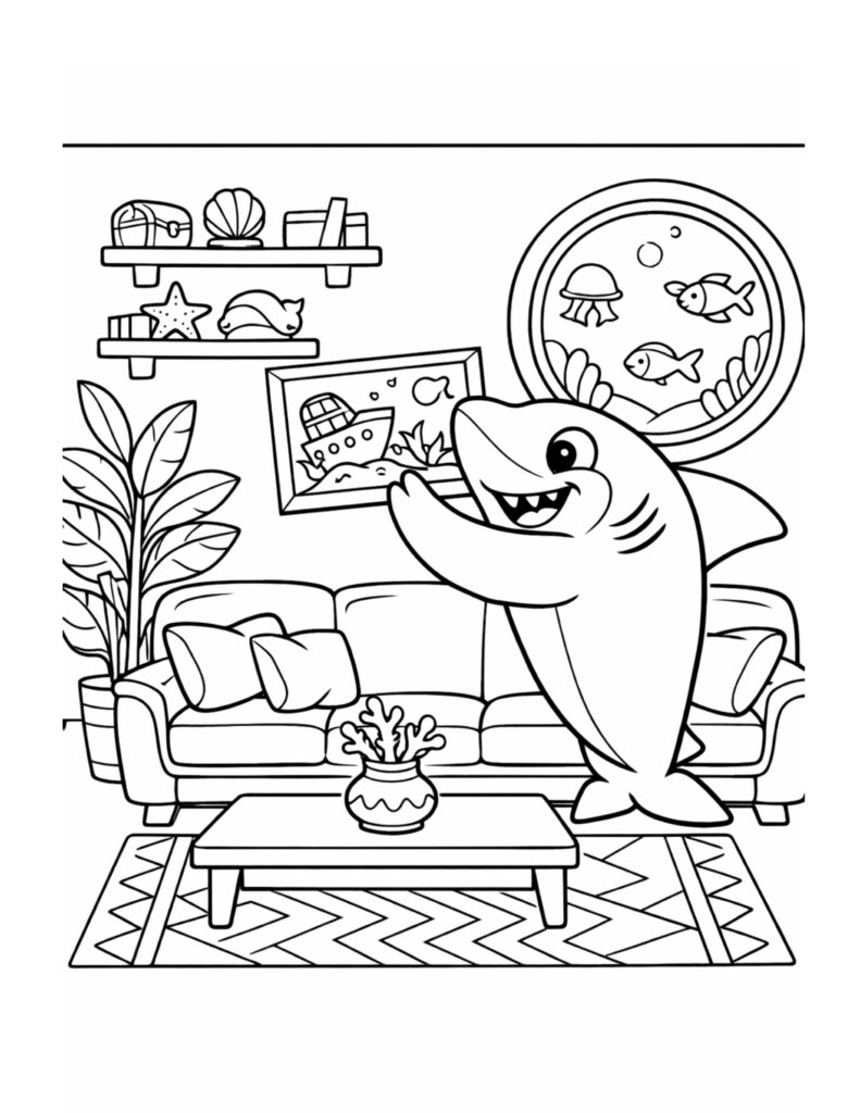 shark hanging framed picture coloring page in a cozy underwater living room with sofa and decor coloring page
