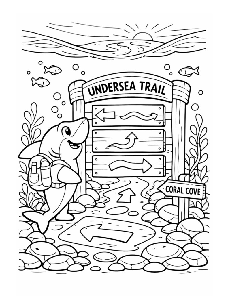 shark hiking an undersea trail coloring page with backpack, trail signs, rocks, and fish coloring page