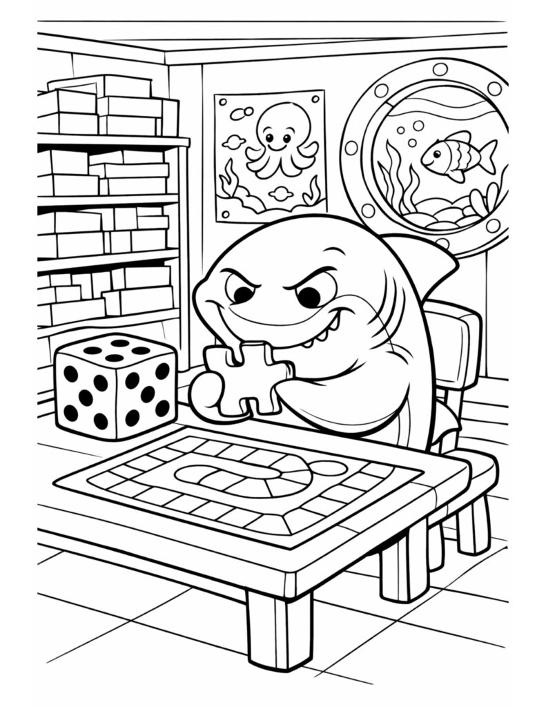 shark holding puzzle piece coloring page with board game table and shelves in a cozy room coloring page