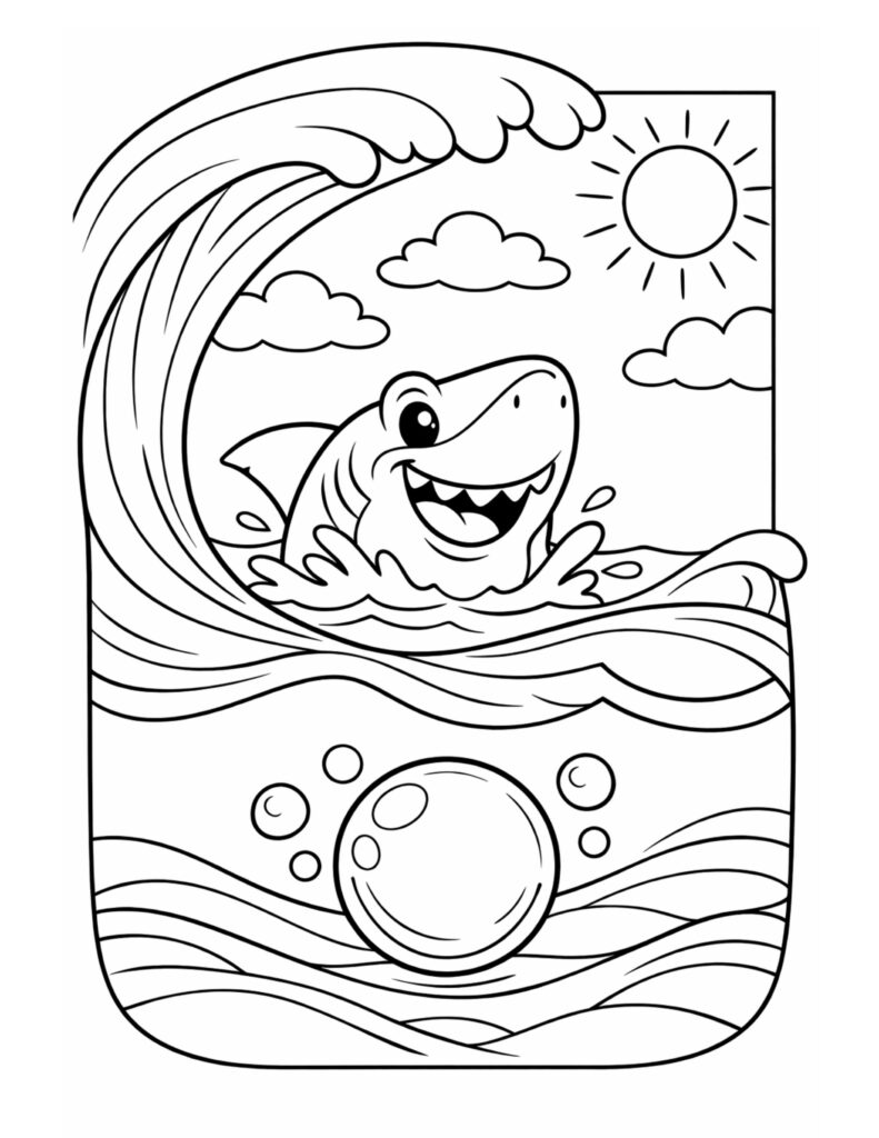 shark jumping from a wave coloring page with a smiling shark, ocean splash, clouds, and sun