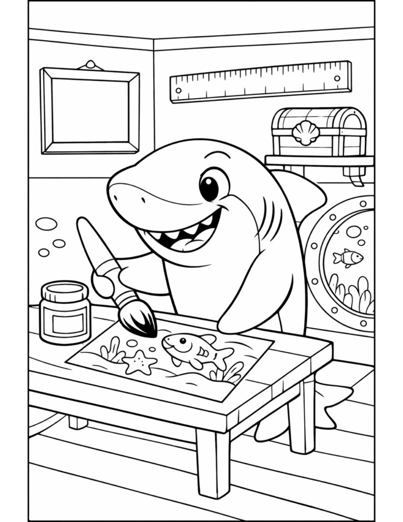 shark painting a picture coloring page showing a happy shark creating art at a desk