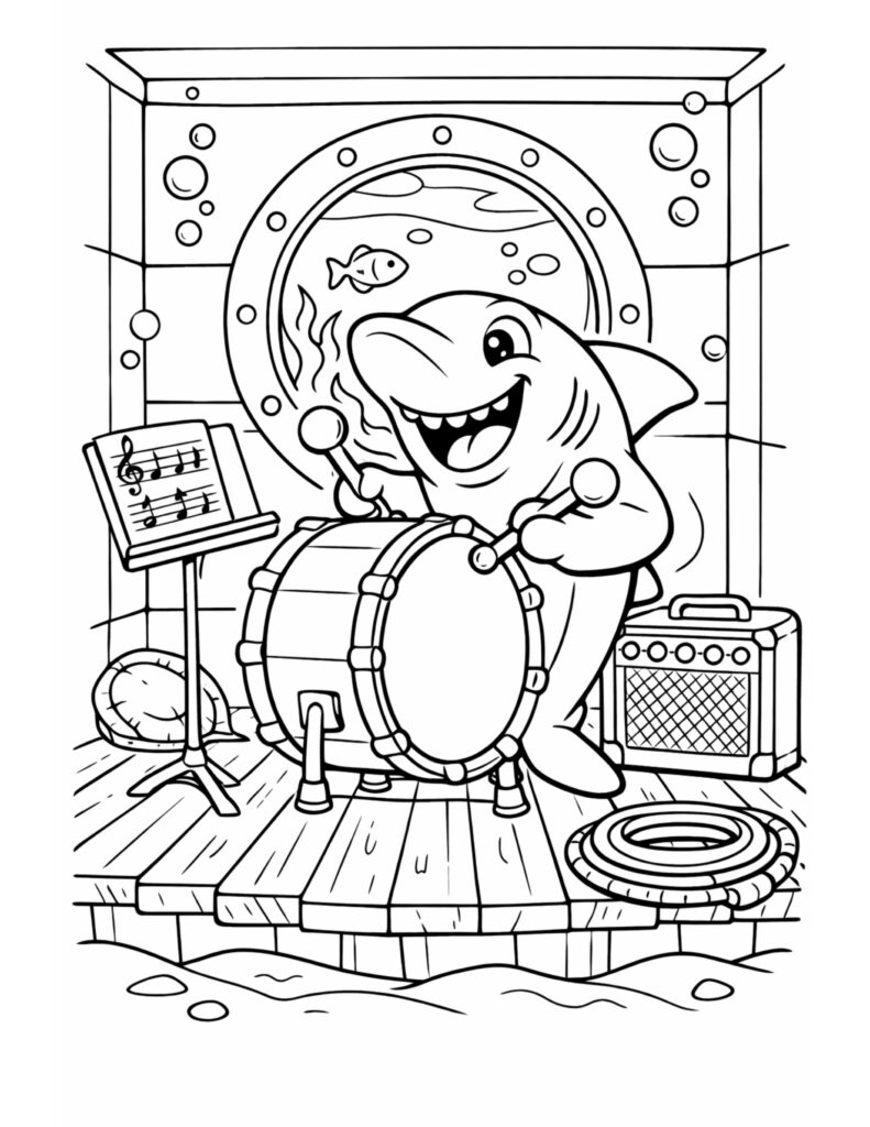 shark playing a drum set coloring page with a smiling shark drumming beside a music stand and amp coloring page