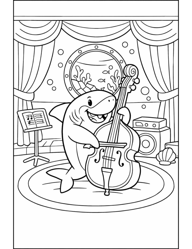 shark playing double bass coloring page with a smiling shark performing music underwater