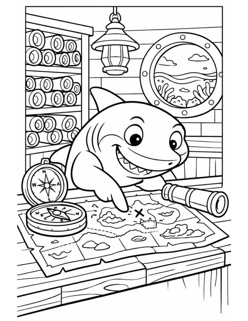 shark pointing at treasure map coloring page with compass and telescope on a wooden table coloring page