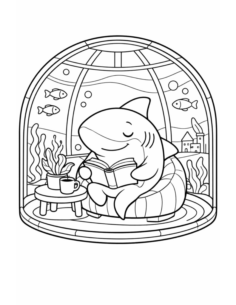 shark reading a book coloring page inside a cozy underwater room scene coloring page