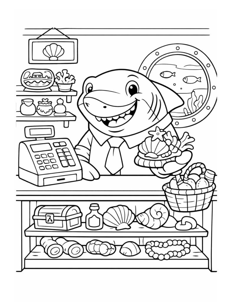 shark running a seaside shop coloring page showing a smiling shark behind a counter with shells and sea items coloring page