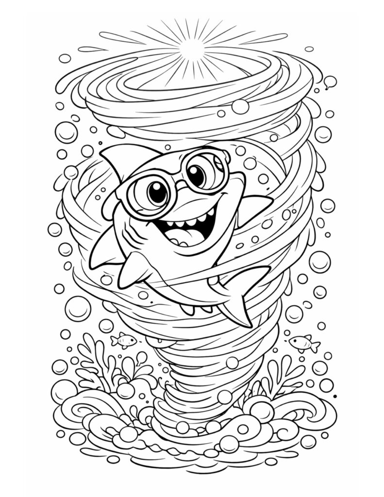 shark spinning in a whirlpool coloring page with big glasses, bubbly water, and coral details coloring page