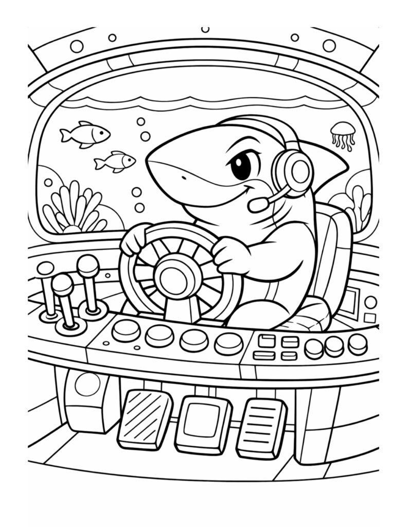 shark steering a submarine coloring page with a headset, steering wheel, and control dashboard