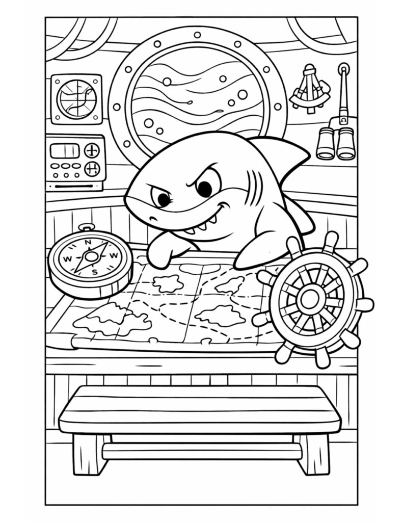 shark studying a nautical map coloring page with a compass, ship wheel, and porthole background