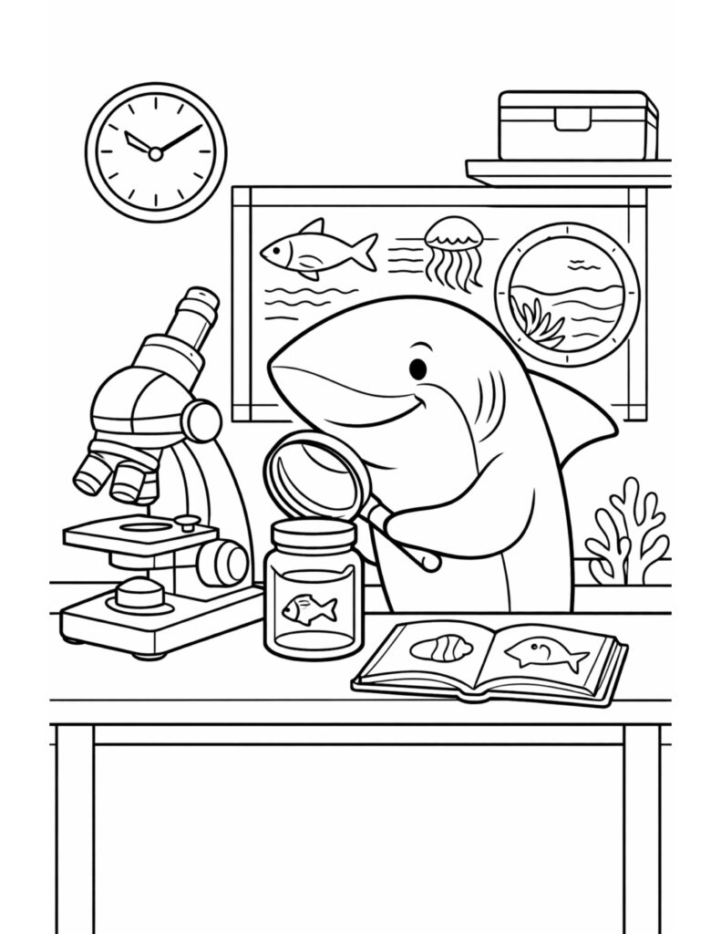 shark studying sea specimens coloring page in a lab scene with a microscope, magnifying glass, and jar coloring page