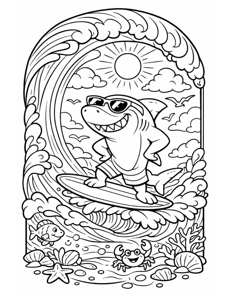 shark surfing a big wave coloring page with sunglasses on a surfboard, sunny sky and ocean scene coloring page