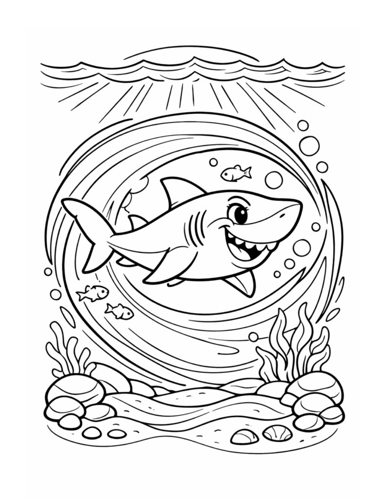 shark swimming in ocean swirl coloring page with smiling shark, fish, bubbles, and curved water motion coloring page