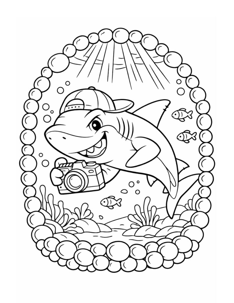 shark taking photos underwater coloring page with a camera, fish, bubbles, and coral scene coloring page
